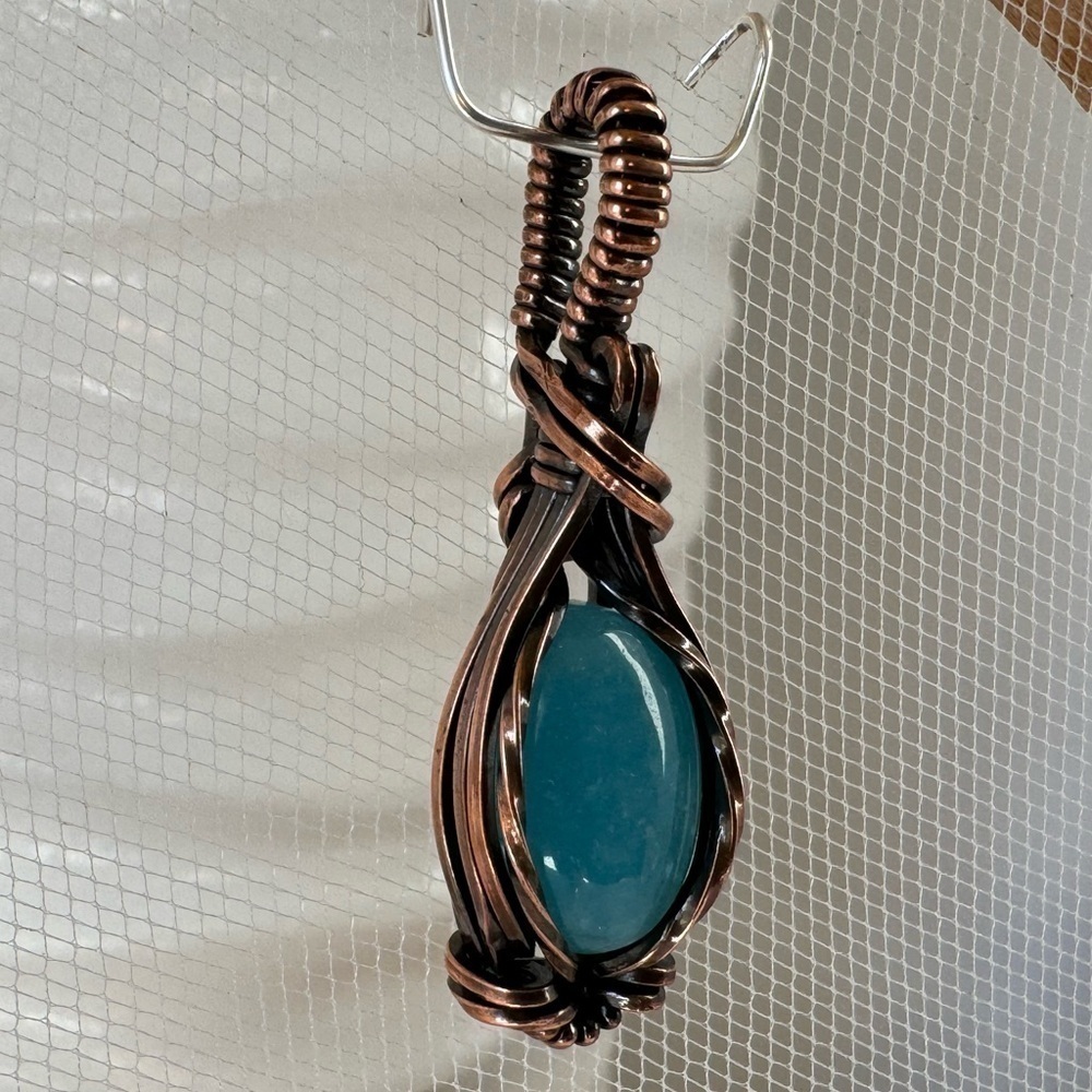 ARTISAN Aquamarine Cabochon Copper Wire Wrap Pendant